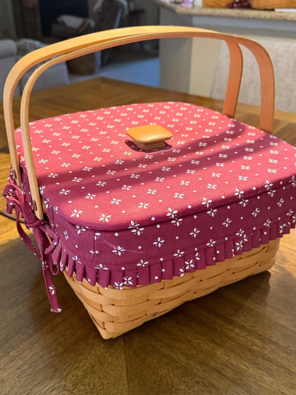 Red Floral Wooden Tray Basket - pie/cake basket.  Decorative Storage
